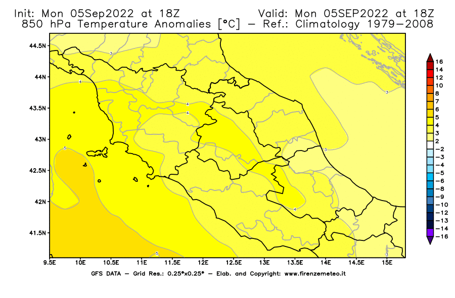 GFS analysi map - Temperature Anomalies [°C] at 850 hPa in Central Italy
									on 05/09/2022 18 <!--googleoff: index-->UTC<!--googleon: index-->