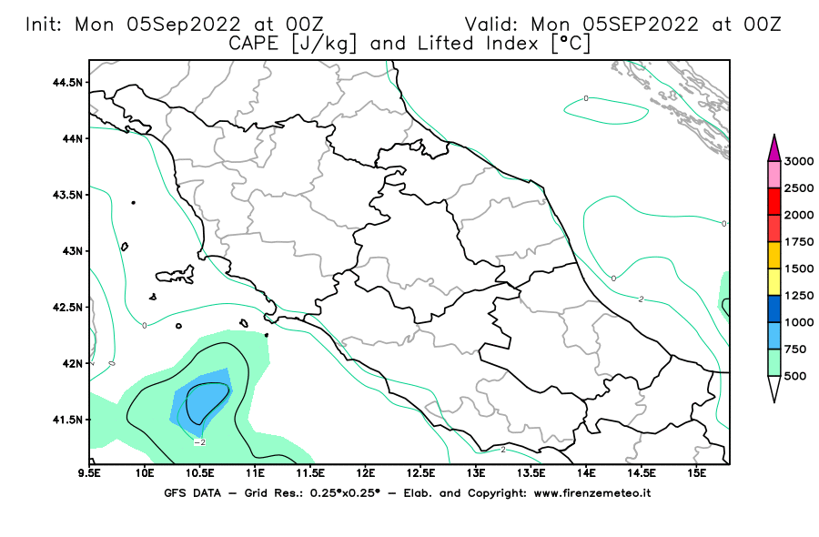 GFS analysi map - CAPE [J/kg] and Lifted Index [°C] in Central Italy
									on 05/09/2022 00 <!--googleoff: index-->UTC<!--googleon: index-->