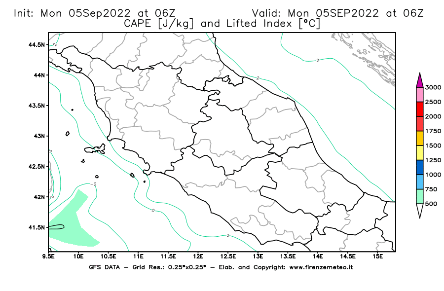 GFS analysi map - CAPE [J/kg] and Lifted Index [°C] in Central Italy
									on 05/09/2022 06 <!--googleoff: index-->UTC<!--googleon: index-->