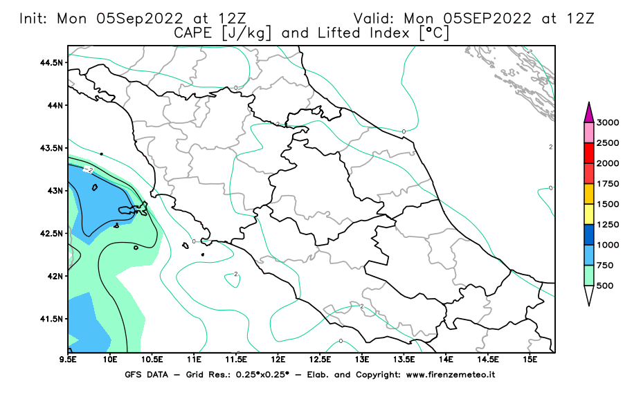 GFS analysi map - CAPE [J/kg] and Lifted Index [°C] in Central Italy
									on 05/09/2022 12 <!--googleoff: index-->UTC<!--googleon: index-->