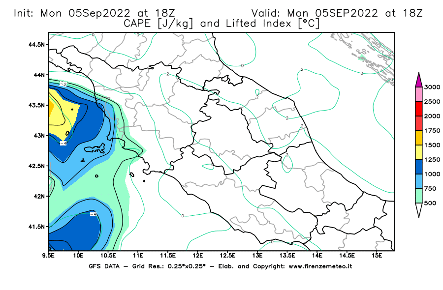 GFS analysi map - CAPE [J/kg] and Lifted Index [°C] in Central Italy
									on 05/09/2022 18 <!--googleoff: index-->UTC<!--googleon: index-->