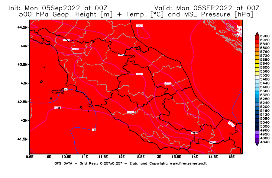 Mappa di analisi GFS - Geopotenziale [m] + Temp. [°C] a 500 hPa + Press. a livello del mare [hPa] in Centro-Italia
							del 05/09/2022 00 <!--googleoff: index-->UTC<!--googleon: index-->
