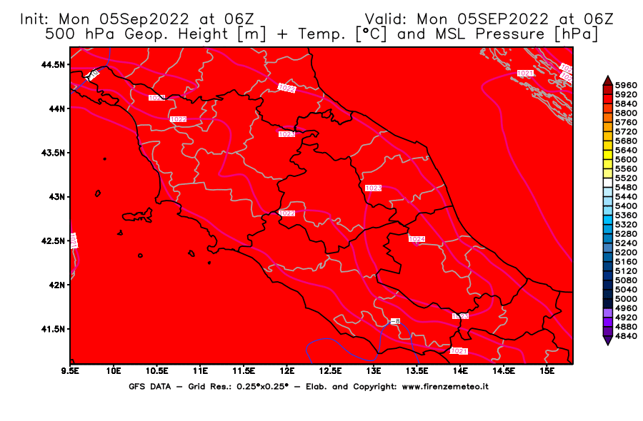 Mappa di analisi GFS - Geopotenziale [m] + Temp. [°C] a 500 hPa + Press. a livello del mare [hPa] in Centro-Italia
							del 05/09/2022 06 <!--googleoff: index-->UTC<!--googleon: index-->