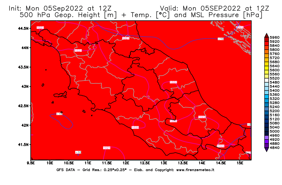 Mappa di analisi GFS - Geopotenziale [m] + Temp. [°C] a 500 hPa + Press. a livello del mare [hPa] in Centro-Italia
							del 05/09/2022 12 <!--googleoff: index-->UTC<!--googleon: index-->