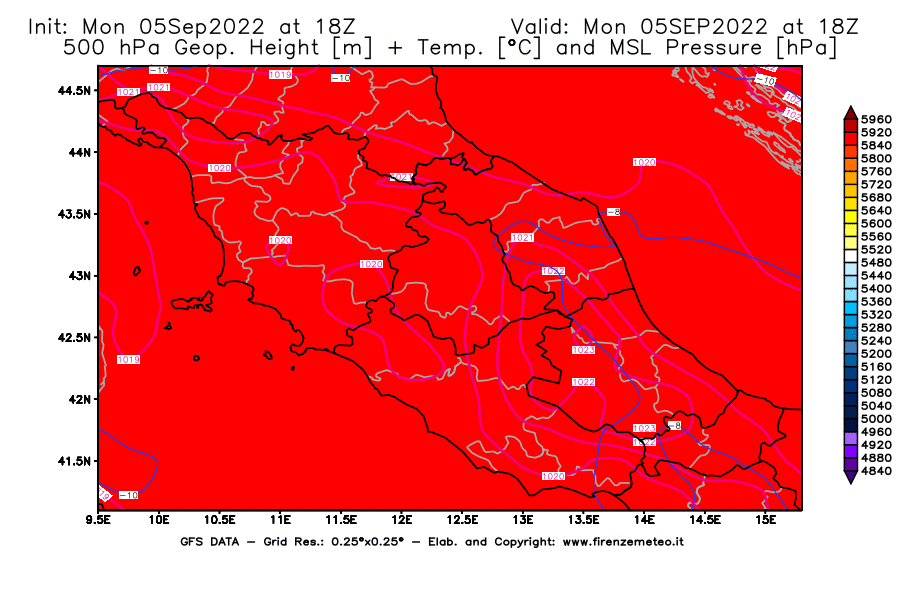 Mappa di analisi GFS - Geopotenziale [m] + Temp. [°C] a 500 hPa + Press. a livello del mare [hPa] in Centro-Italia
							del 05/09/2022 18 <!--googleoff: index-->UTC<!--googleon: index-->