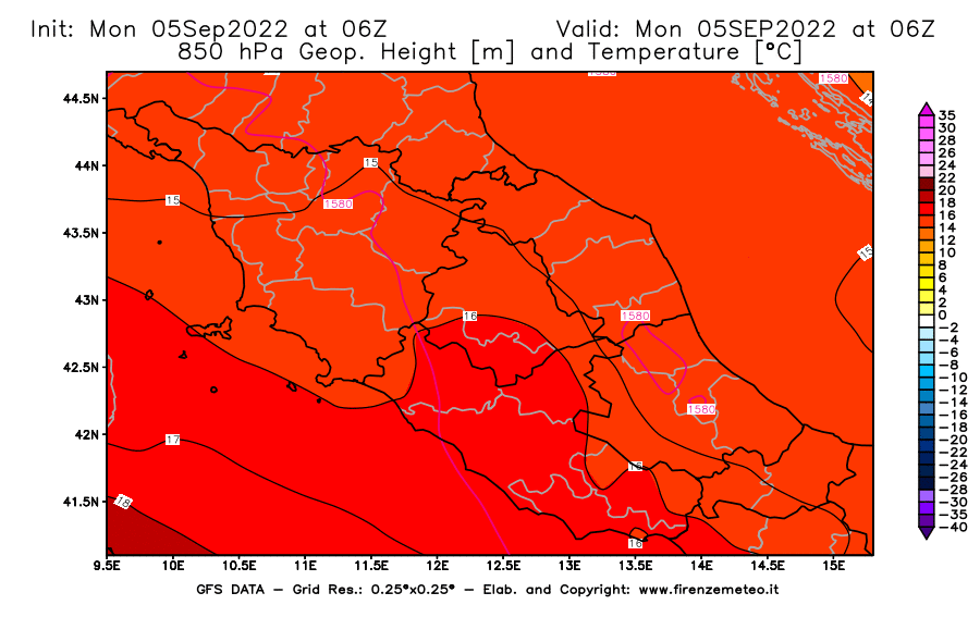 Mappa di analisi GFS - Geopotenziale [m] e Temperatura [°C] a 850 hPa in Centro-Italia
							del 05/09/2022 06 <!--googleoff: index-->UTC<!--googleon: index-->