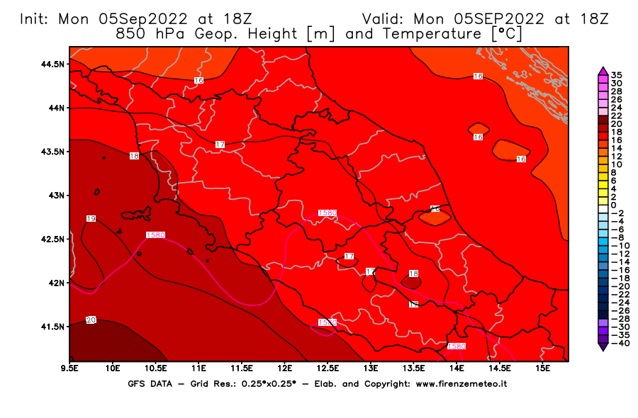 Mappa di analisi GFS - Geopotenziale [m] e Temperatura [°C] a 850 hPa in Centro-Italia
							del 05/09/2022 18 <!--googleoff: index-->UTC<!--googleon: index-->