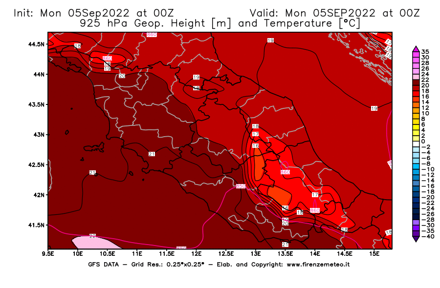 Mappa di analisi GFS - Geopotenziale [m] e Temperatura [°C] a 925 hPa in Centro-Italia
							del 05/09/2022 00 <!--googleoff: index-->UTC<!--googleon: index-->