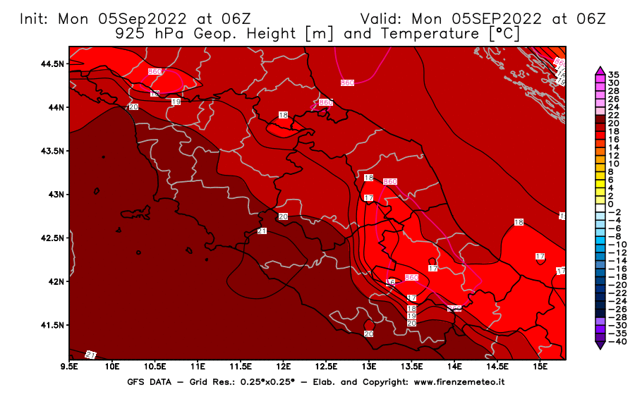 Mappa di analisi GFS - Geopotenziale [m] e Temperatura [°C] a 925 hPa in Centro-Italia
							del 05/09/2022 06 <!--googleoff: index-->UTC<!--googleon: index-->