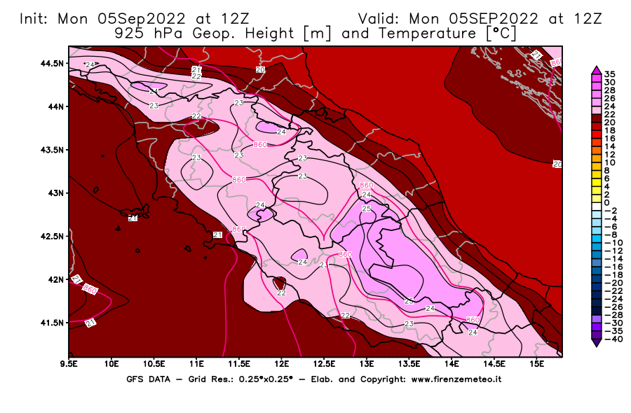 Mappa di analisi GFS - Geopotenziale [m] e Temperatura [°C] a 925 hPa in Centro-Italia
							del 05/09/2022 12 <!--googleoff: index-->UTC<!--googleon: index-->