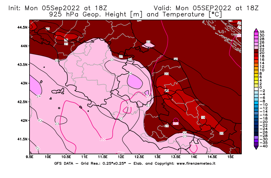 Mappa di analisi GFS - Geopotenziale [m] e Temperatura [°C] a 925 hPa in Centro-Italia
							del 05/09/2022 18 <!--googleoff: index-->UTC<!--googleon: index-->
