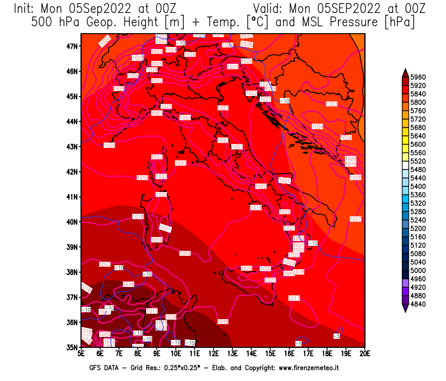 GFS analysi map - Geopotential [m] + Temp. [°C] at 500 hPa + Sea Level Pressure [hPa] in Italy
									on 05/09/2022 00 <!--googleoff: index-->UTC<!--googleon: index-->