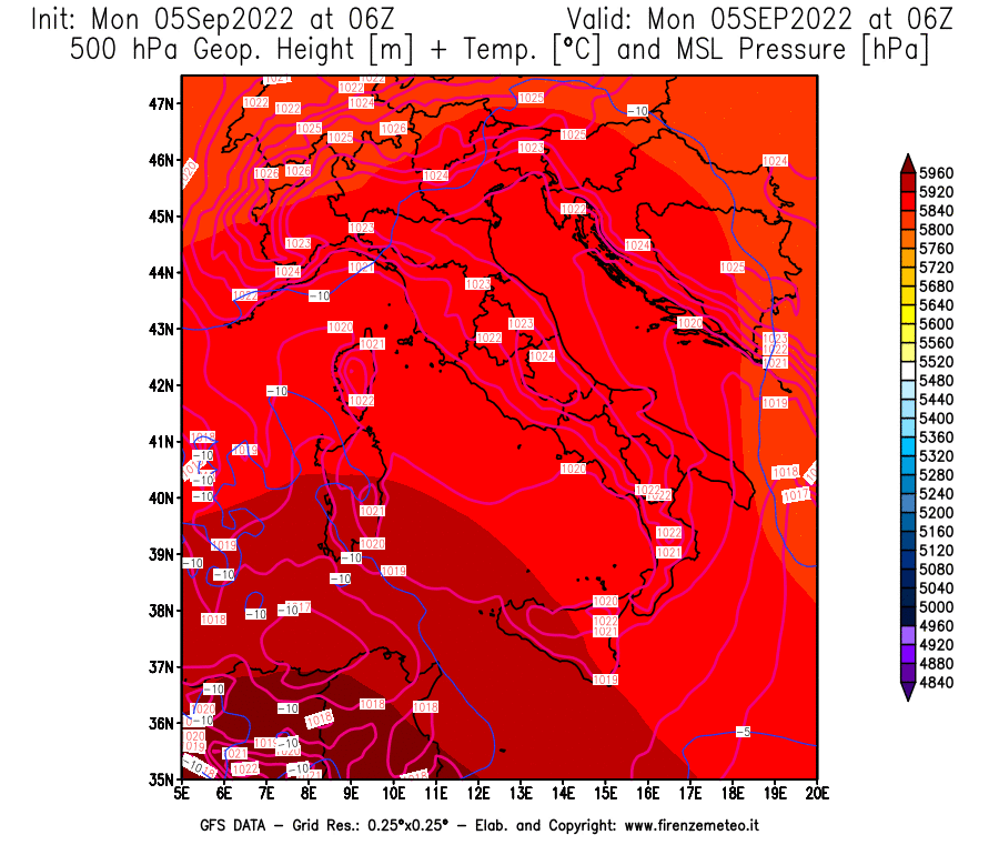 GFS analysi map - Geopotential [m] + Temp. [°C] at 500 hPa + Sea Level Pressure [hPa] in Italy
									on 05/09/2022 06 <!--googleoff: index-->UTC<!--googleon: index-->