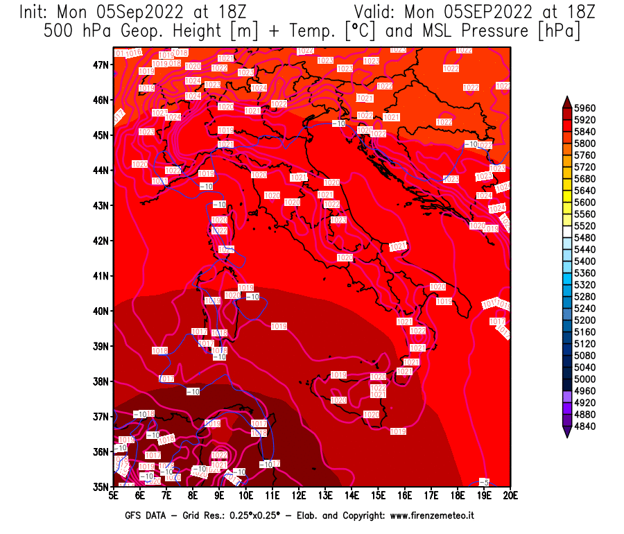 Mappa di analisi GFS - Geopotenziale [m] + Temp. [°C] a 500 hPa + Press. a livello del mare [hPa] in Italia
							del 05/09/2022 18 <!--googleoff: index-->UTC<!--googleon: index-->