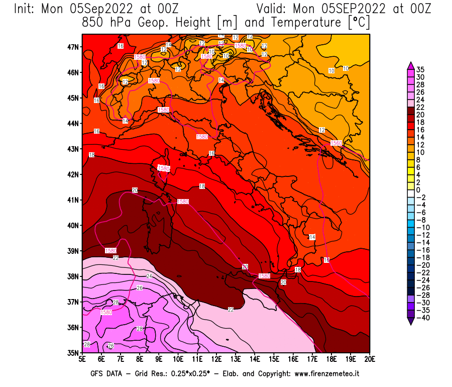 Mappa di analisi GFS - Geopotenziale [m] e Temperatura [°C] a 850 hPa in Italia
							del 05/09/2022 00 <!--googleoff: index-->UTC<!--googleon: index-->