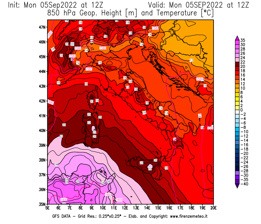 Mappa di analisi GFS - Geopotenziale [m] e Temperatura [°C] a 850 hPa in Italia
							del 05/09/2022 12 <!--googleoff: index-->UTC<!--googleon: index-->