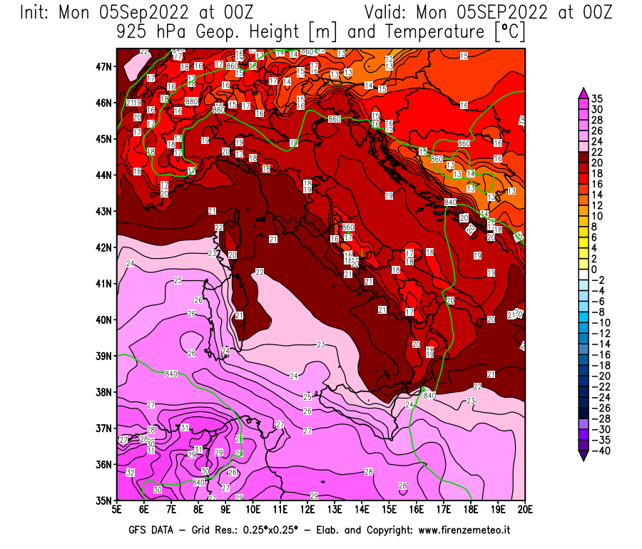 Mappa di analisi GFS - Geopotenziale [m] e Temperatura [°C] a 925 hPa in Italia
							del 05/09/2022 00 <!--googleoff: index-->UTC<!--googleon: index-->