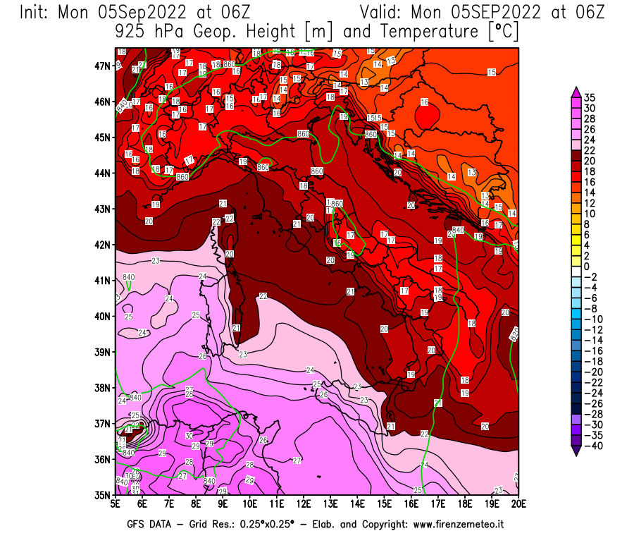 Mappa di analisi GFS - Geopotenziale [m] e Temperatura [°C] a 925 hPa in Italia
							del 05/09/2022 06 <!--googleoff: index-->UTC<!--googleon: index-->