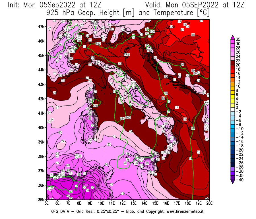 GFS analysi map - Geopotential [m] and Temperature [°C] at 925 hPa in Italy
									on 05/09/2022 12 <!--googleoff: index-->UTC<!--googleon: index-->