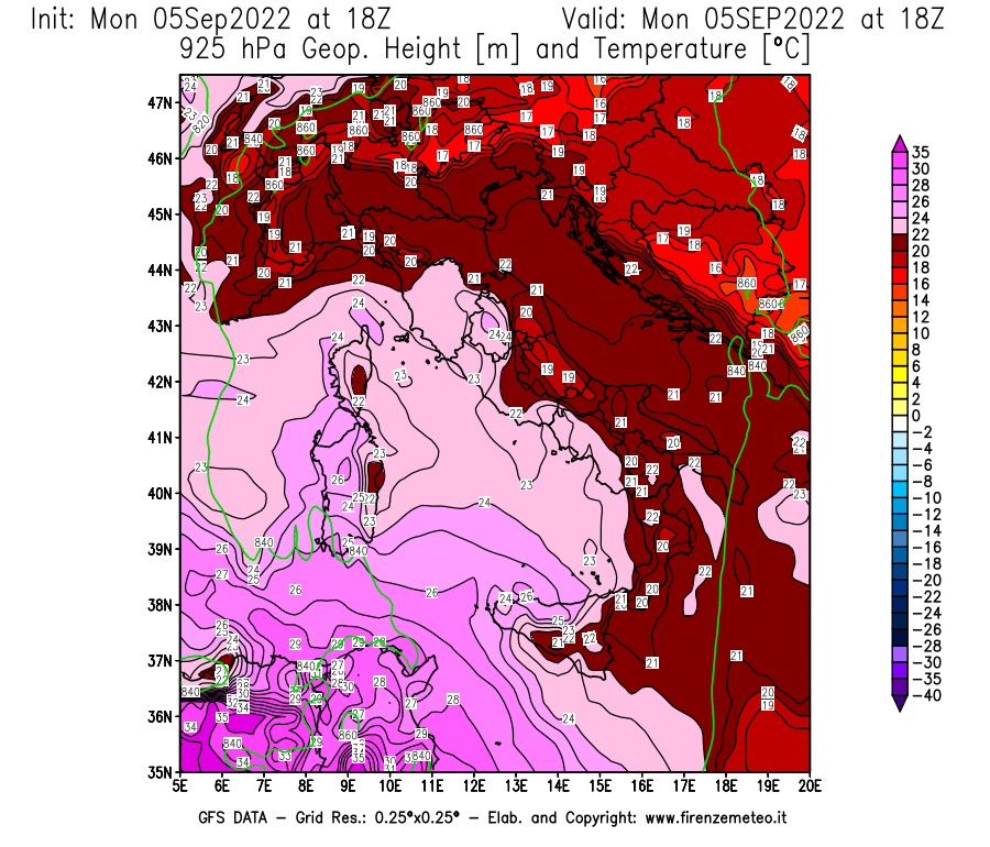 Mappa di analisi GFS - Geopotenziale [m] e Temperatura [°C] a 925 hPa in Italia
							del 05/09/2022 18 <!--googleoff: index-->UTC<!--googleon: index-->