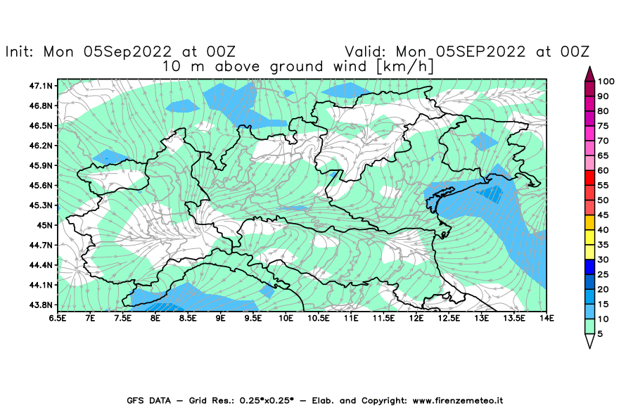 Mappa di analisi GFS - Velocità del vento a 10 metri dal suolo [km/h] in Nord-Italia
							del 05/09/2022 00 <!--googleoff: index-->UTC<!--googleon: index-->