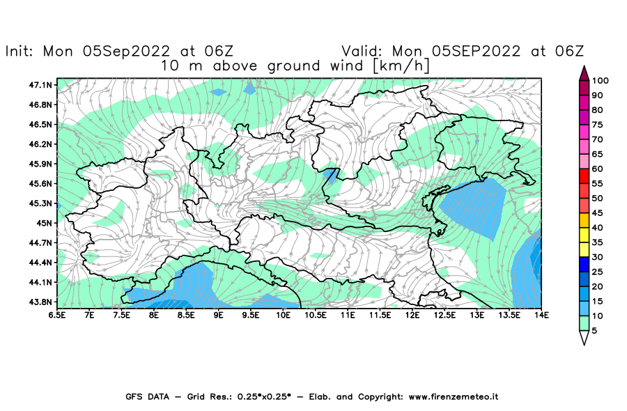 GFS analysi map - Wind Speed at 10 m above ground [km/h] in Northern Italy
									on 05/09/2022 06 <!--googleoff: index-->UTC<!--googleon: index-->