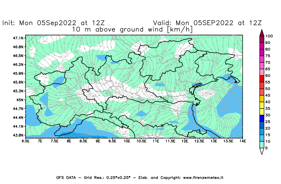 GFS analysi map - Wind Speed at 10 m above ground [km/h] in Northern Italy
									on 05/09/2022 12 <!--googleoff: index-->UTC<!--googleon: index-->