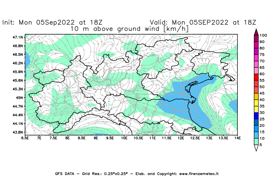 GFS analysi map - Wind Speed at 10 m above ground [km/h] in Northern Italy
									on 05/09/2022 18 <!--googleoff: index-->UTC<!--googleon: index-->