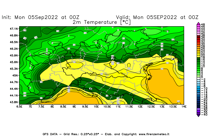 GFS analysi map - Temperature at 2 m above ground [°C] in Northern Italy
									on 05/09/2022 00 <!--googleoff: index-->UTC<!--googleon: index-->