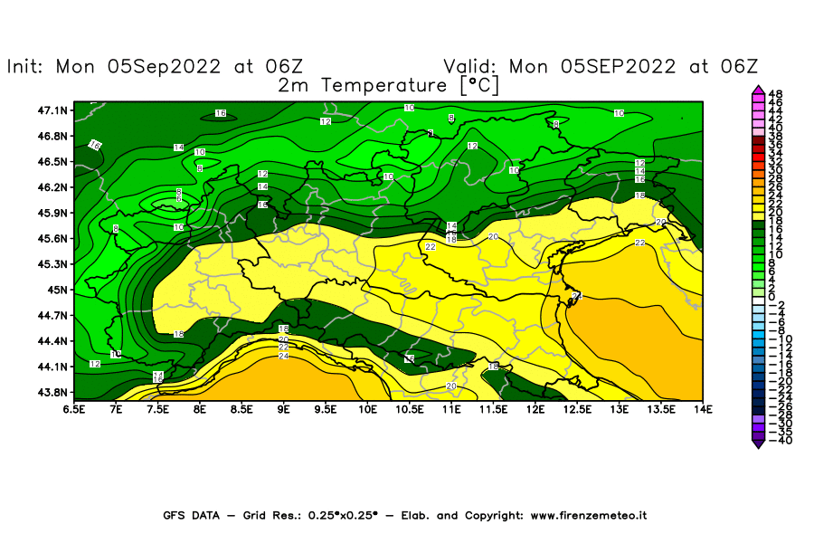 Mappa di analisi GFS - Temperatura a 2 metri dal suolo [°C] in Nord-Italia
							del 05/09/2022 06 <!--googleoff: index-->UTC<!--googleon: index-->