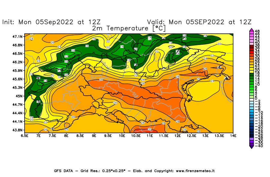 GFS analysi map - Temperature at 2 m above ground [°C] in Northern Italy
									on 05/09/2022 12 <!--googleoff: index-->UTC<!--googleon: index-->