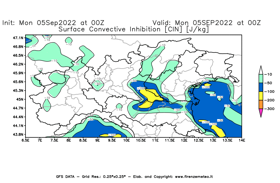 GFS analysi map - CIN [J/kg] in Northern Italy
									on 05/09/2022 00 <!--googleoff: index-->UTC<!--googleon: index-->