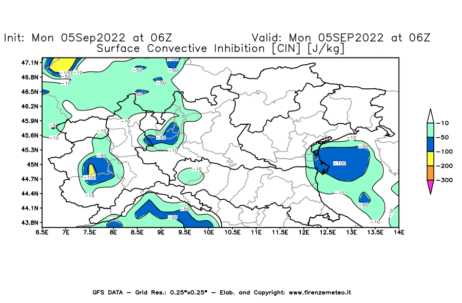 Mappa di analisi GFS - CIN [J/kg] in Nord-Italia
							del 05/09/2022 06 <!--googleoff: index-->UTC<!--googleon: index-->