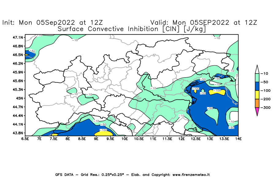 Mappa di analisi GFS - CIN [J/kg] in Nord-Italia
							del 05/09/2022 12 <!--googleoff: index-->UTC<!--googleon: index-->