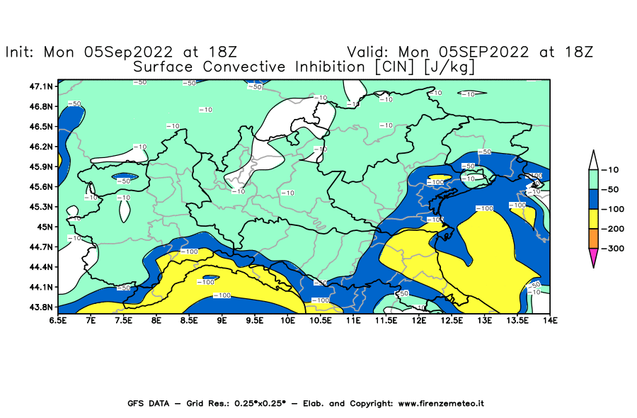 GFS analysi map - CIN [J/kg] in Northern Italy
									on 05/09/2022 18 <!--googleoff: index-->UTC<!--googleon: index-->