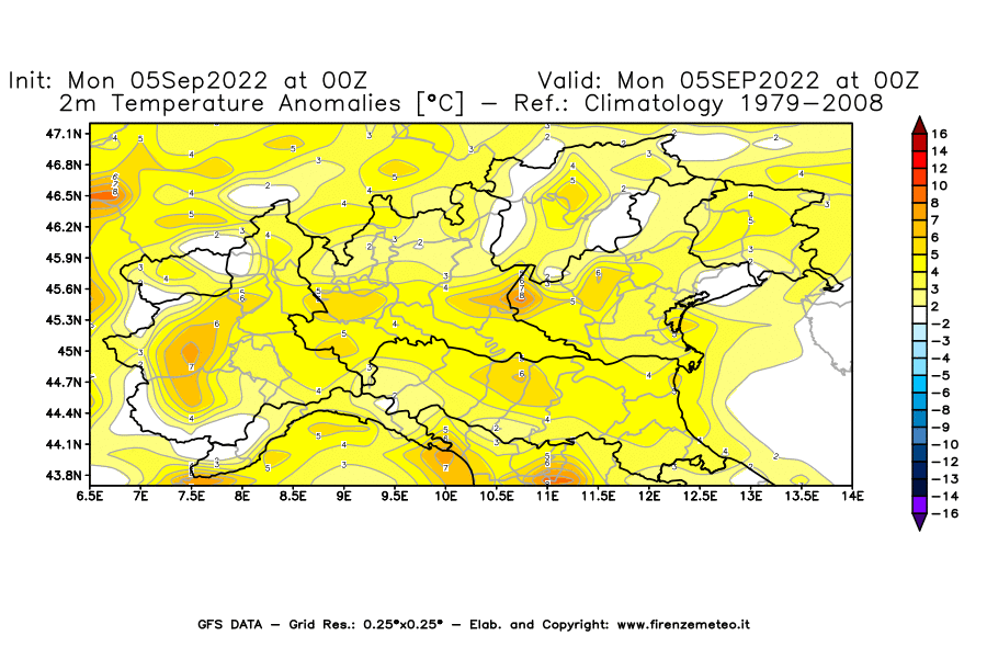 GFS analysi map - Temperature Anomalies [°C] at 2 m in Northern Italy
									on 05/09/2022 00 <!--googleoff: index-->UTC<!--googleon: index-->