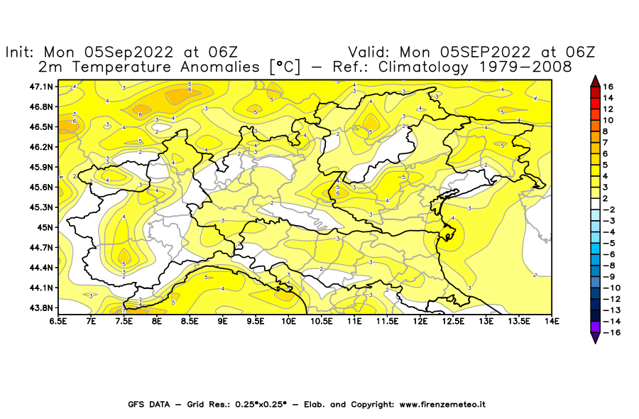 Mappa di analisi GFS - Anomalia Temperatura [°C] a 2 m in Nord-Italia
							del 05/09/2022 06 <!--googleoff: index-->UTC<!--googleon: index-->