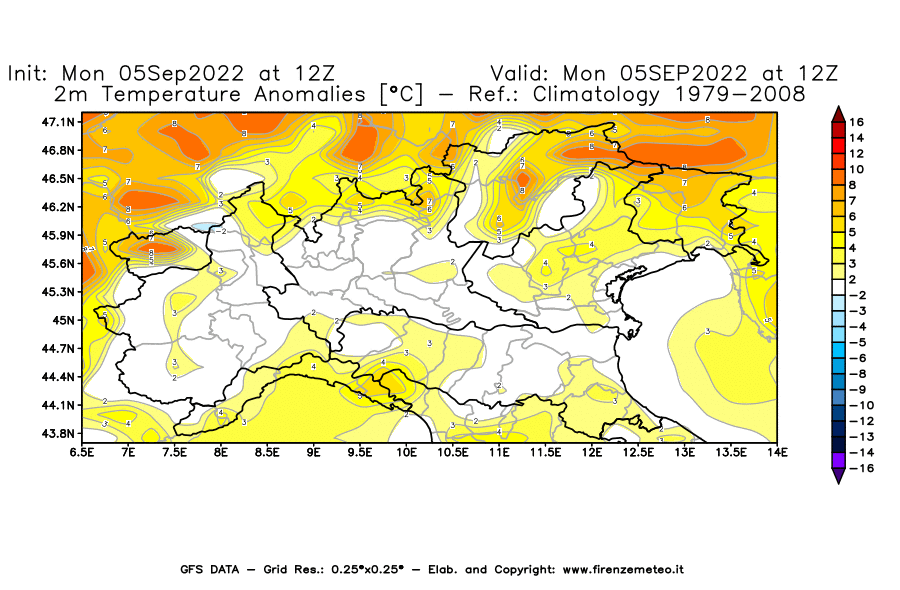 Mappa di analisi GFS - Anomalia Temperatura [°C] a 2 m in Nord-Italia
							del 05/09/2022 12 <!--googleoff: index-->UTC<!--googleon: index-->