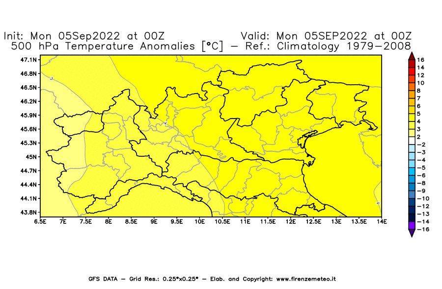 GFS analysi map - Temperature Anomalies [°C] at 500 hPa in Northern Italy
									on 05/09/2022 00 <!--googleoff: index-->UTC<!--googleon: index-->
