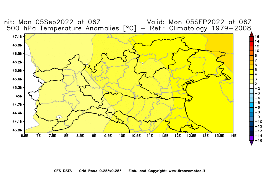 Mappa di analisi GFS - Anomalia Temperatura [°C] a 500 hPa in Nord-Italia
							del 05/09/2022 06 <!--googleoff: index-->UTC<!--googleon: index-->