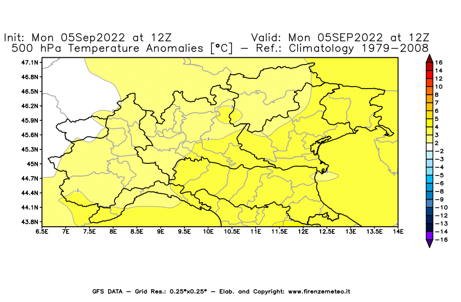 GFS analysi map - Temperature Anomalies [°C] at 500 hPa in Northern Italy
									on 05/09/2022 12 <!--googleoff: index-->UTC<!--googleon: index-->