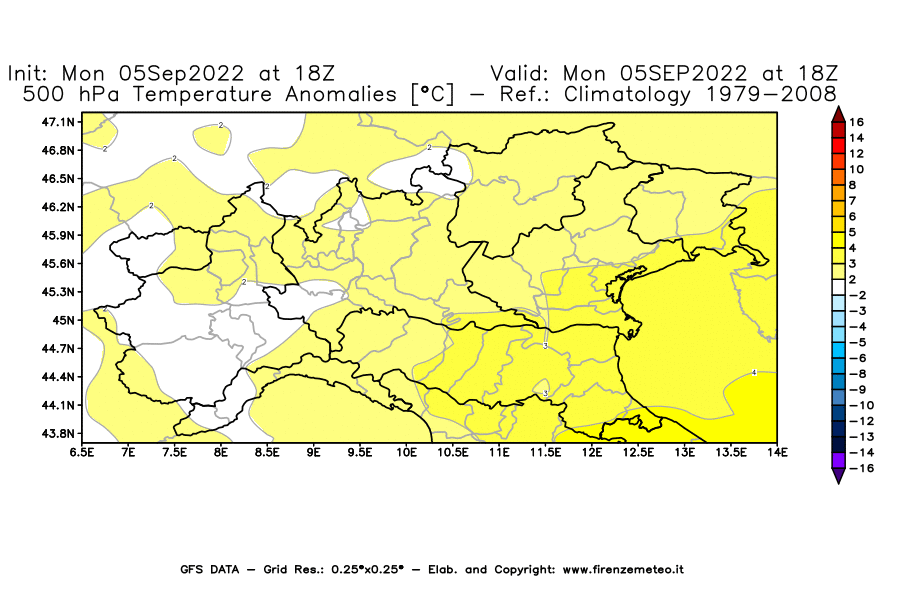 GFS analysi map - Temperature Anomalies [°C] at 500 hPa in Northern Italy
									on 05/09/2022 18 <!--googleoff: index-->UTC<!--googleon: index-->