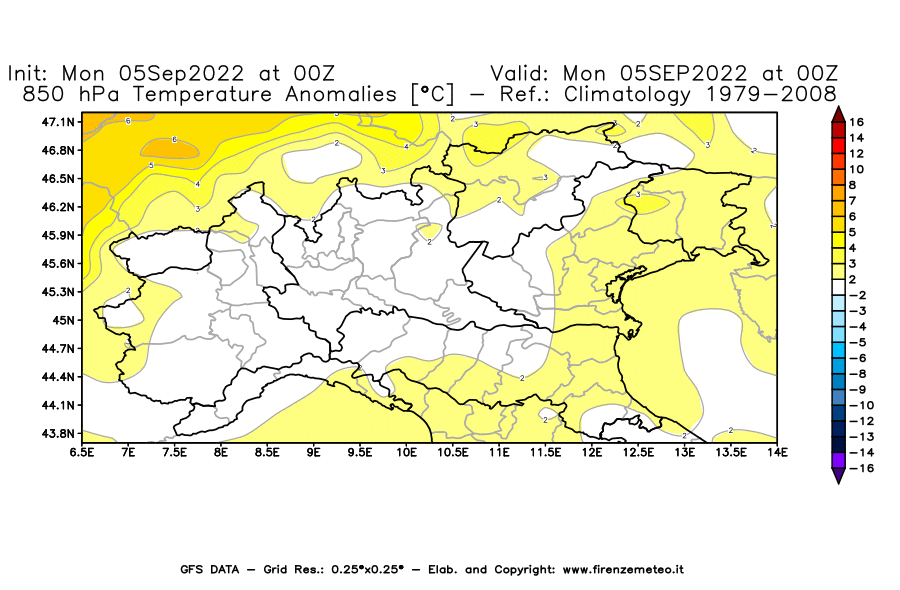 Mappa di analisi GFS - Anomalia Temperatura [°C] a 850 hPa in Nord-Italia
							del 05/09/2022 00 <!--googleoff: index-->UTC<!--googleon: index-->