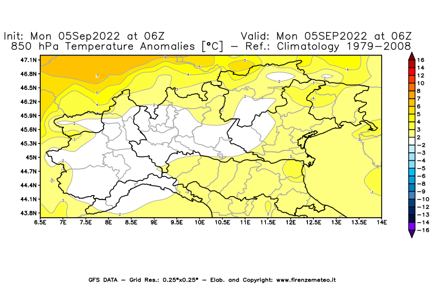 Mappa di analisi GFS - Anomalia Temperatura [°C] a 850 hPa in Nord-Italia
							del 05/09/2022 06 <!--googleoff: index-->UTC<!--googleon: index-->