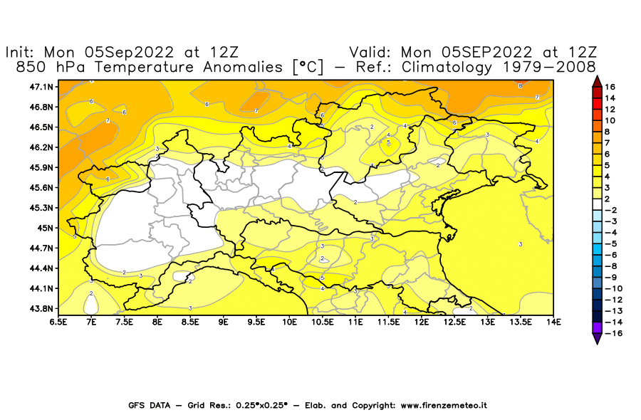 Mappa di analisi GFS - Anomalia Temperatura [°C] a 850 hPa in Nord-Italia
							del 05/09/2022 12 <!--googleoff: index-->UTC<!--googleon: index-->