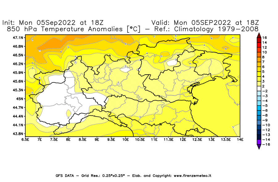 GFS analysi map - Temperature Anomalies [°C] at 850 hPa in Northern Italy
									on 05/09/2022 18 <!--googleoff: index-->UTC<!--googleon: index-->