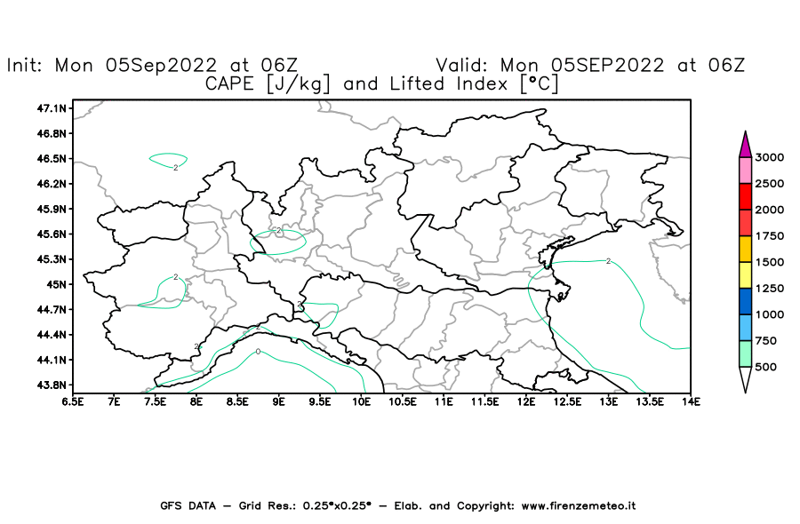 GFS analysi map - CAPE [J/kg] and Lifted Index [°C] in Northern Italy
									on 05/09/2022 06 <!--googleoff: index-->UTC<!--googleon: index-->