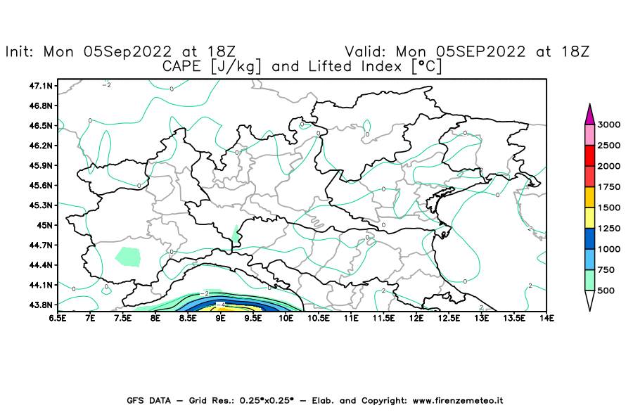 GFS analysi map - CAPE [J/kg] and Lifted Index [°C] in Northern Italy
									on 05/09/2022 18 <!--googleoff: index-->UTC<!--googleon: index-->