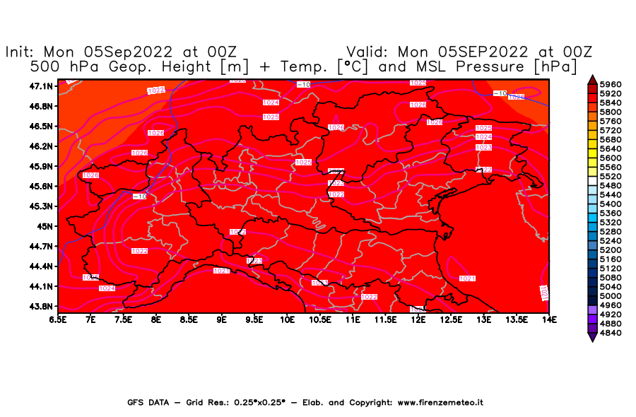 Mappa di analisi GFS - Geopotenziale [m] + Temp. [°C] a 500 hPa + Press. a livello del mare [hPa] in Nord-Italia
							del 05/09/2022 00 <!--googleoff: index-->UTC<!--googleon: index-->