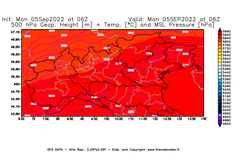 Mappa di analisi GFS - Geopotenziale [m] + Temp. [°C] a 500 hPa + Press. a livello del mare [hPa] in Nord-Italia
							del 05/09/2022 06 <!--googleoff: index-->UTC<!--googleon: index-->